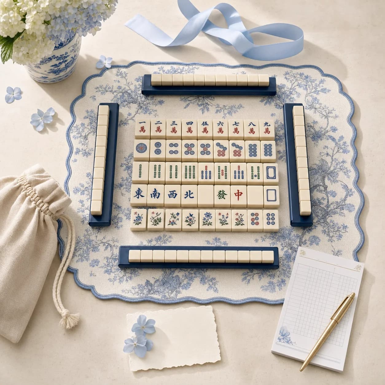 Blue and ivory Mahjong collection arranged for a gathering